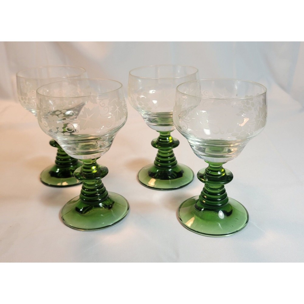 4 Vintage Roemer Mid Century Modern Blown Green Beehive Crystal Wine Glass HTF
